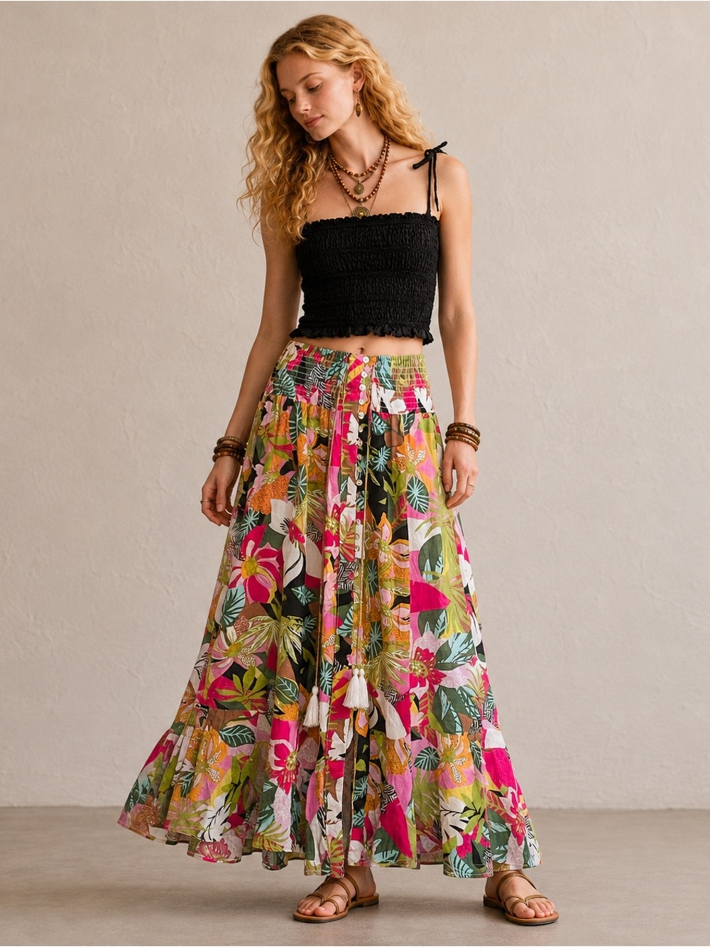 Rachel Roy Women’s Tropical Floral Button Front Tiered Maxi Skirt XS Boho